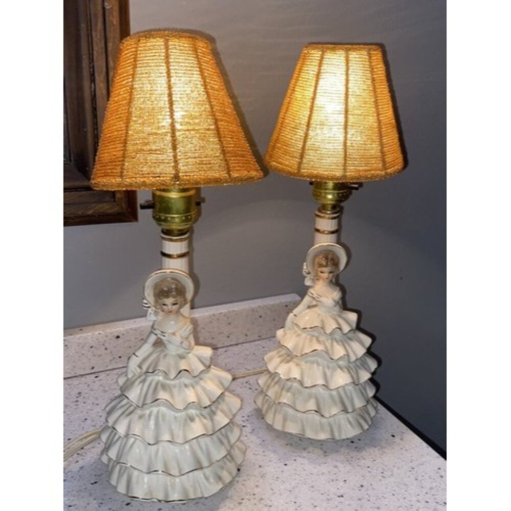 Pair of vintage Southern Belle Boudoir Lamps Porcelain White Ruffled Dress Gold